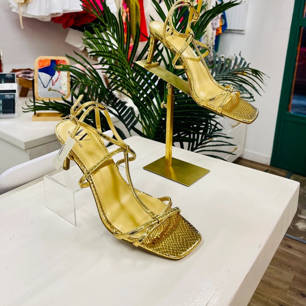 Worthington Sasha gold strappy square toe heels.
